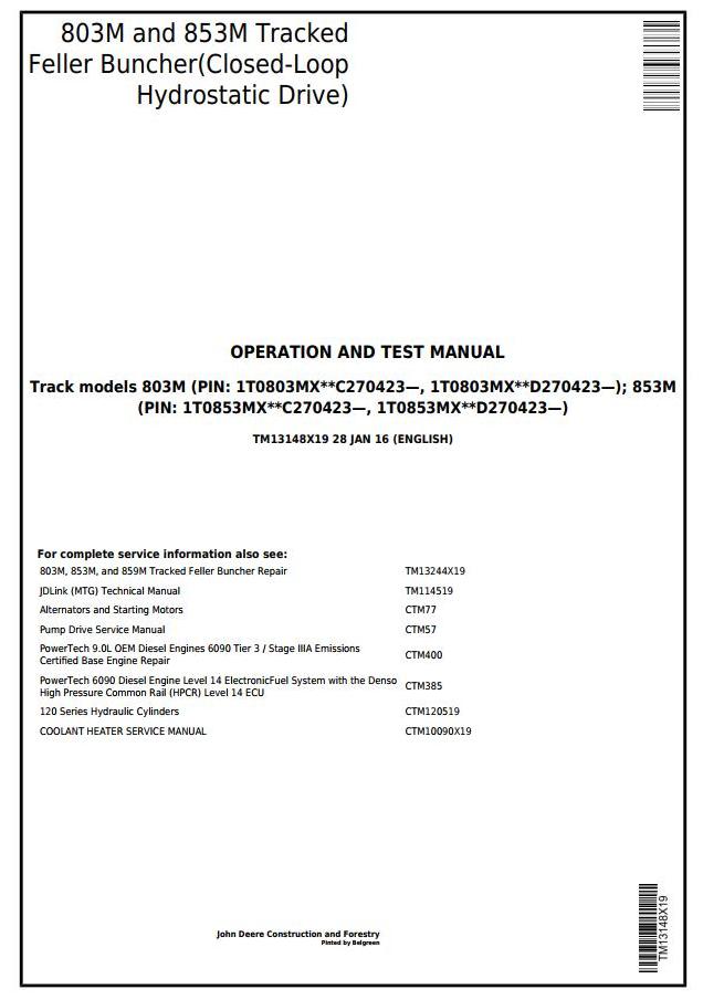 PDF TM13148X19 John Deere 803M, 853M Feller Buncher Diagnostic and Test Service Manual