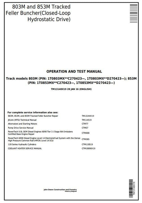 PDF TM13148X19 John Deere 803M, 853M Feller Buncher Diagnostic and Test Service Manual