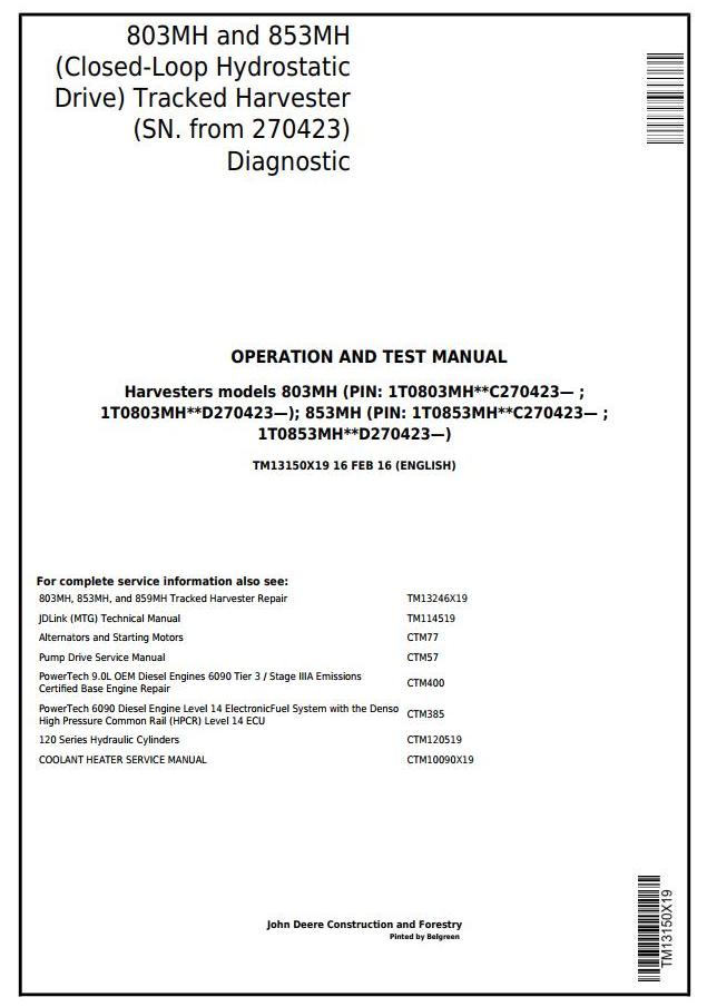 PDF TM13150X19 John Deere 803MH, 853MH Harvester Diagnostic and Test Service Manual