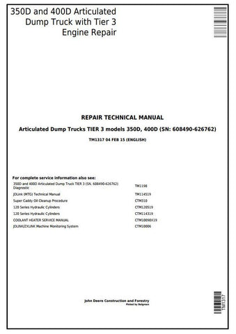 Pdf TM1317 John Deere 350D, 400D Articulated Dump Truck Repair Service Manual