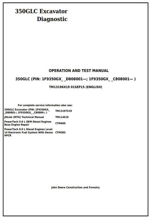 Pdf TM13196X19 John Deere 350GLC Excavator Diagnostic and Test Service Manual