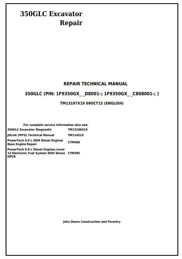 Pdf TM13197X19 John Deere 350GLC Excavator Repair Service Manual