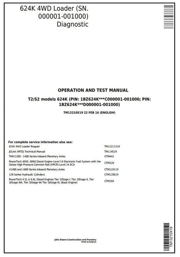 Pdf TM13211X19 John Deere 4WD (T2/S2) Wheel Loader 624K (SN.000001-001000) Repair Service Manual