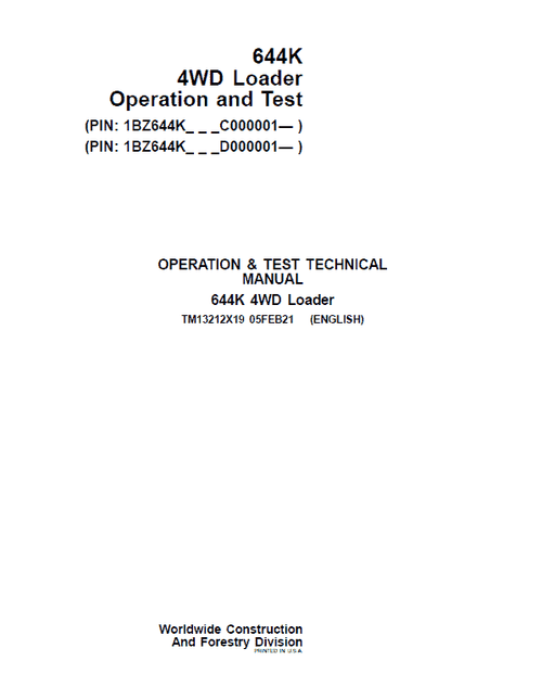 PDF TM13212X19 John Deere 4WD 644K Wheel Loader Operation & Test Service Manual