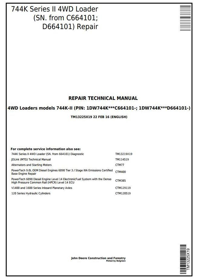 Pdf TM13225X19 John Deere 744K 4WD Series II Wheel Loader (SN. from C664101; D664101) Repair Service Manual