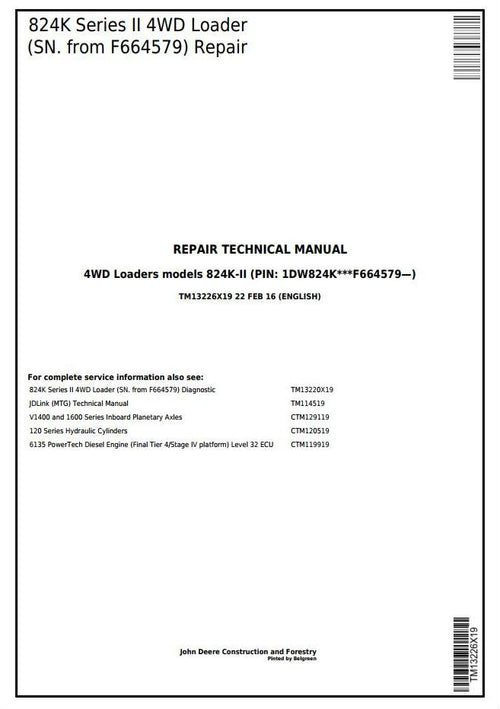 Pdf TM13226X19 John Deere 824K 4WD Series II Wheel Loader (SN. from F664579) Repair Service Manual