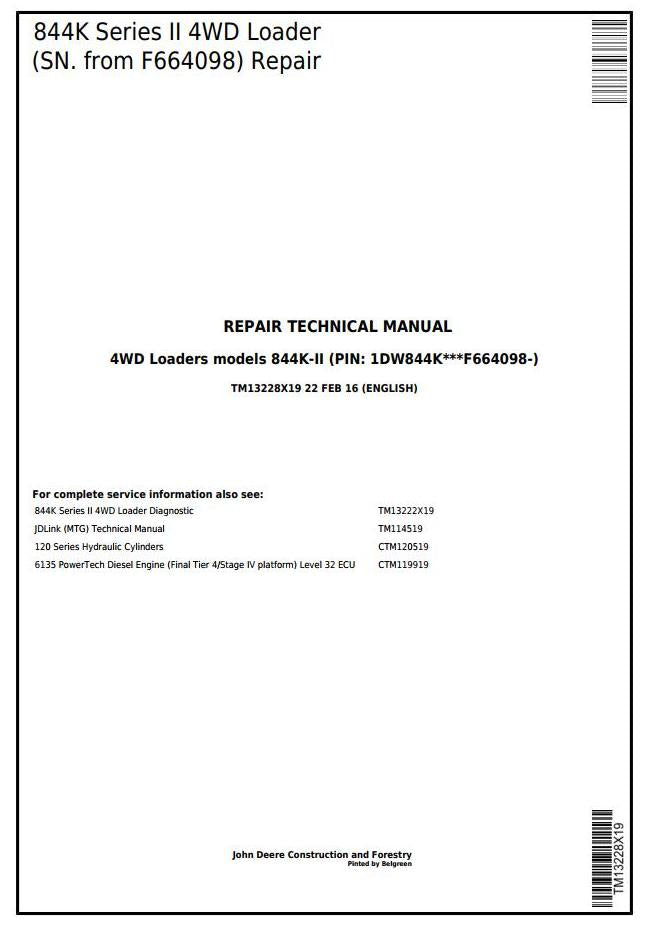 Pdf TM13228X19 John Deere 844K 4WD Series II Wheel Loader (SN. from F664098) Repair Service Manual