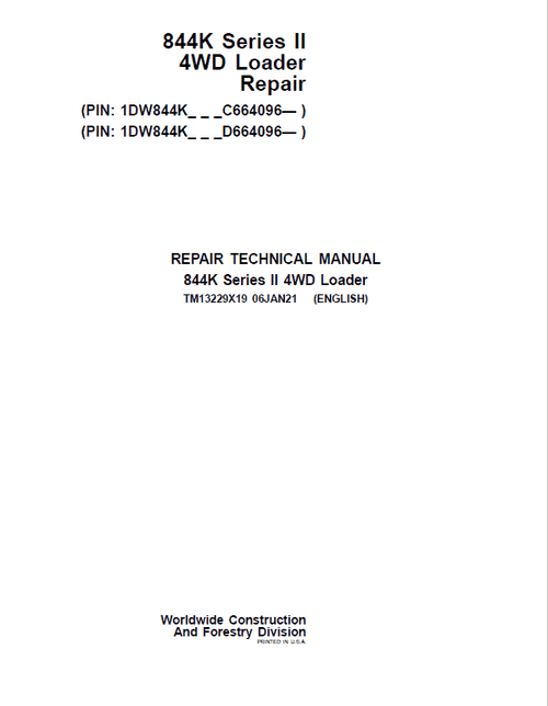 Pdf TM13229X19 John Deere 844K 4WD Series II Wheel Loader (SN. from C664096, D664096) Repair Service Manual