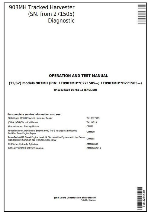 PDF TM13234X19 John Deere 903MH Tracked Harvester Diagnostic & Test Service Manual