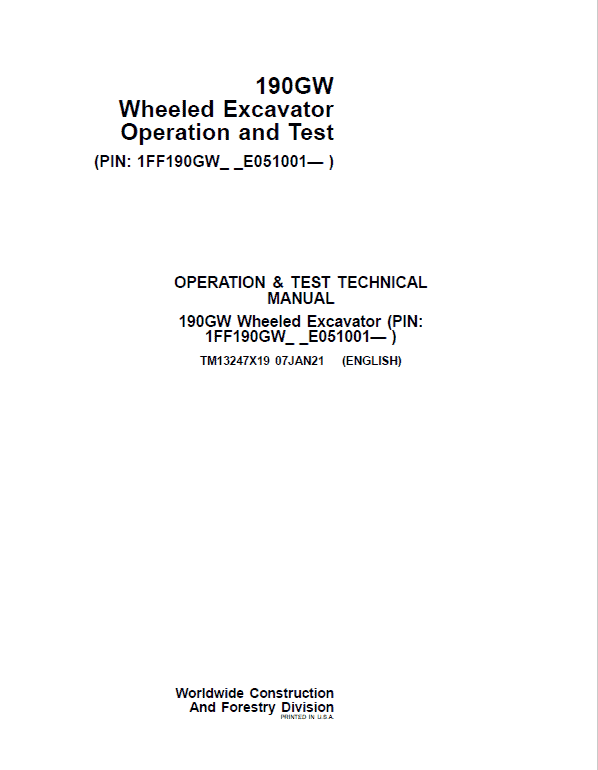 Pdf TM13247X19 John Deere 190GW Wheeled Excavator Operation and Test Service Manual