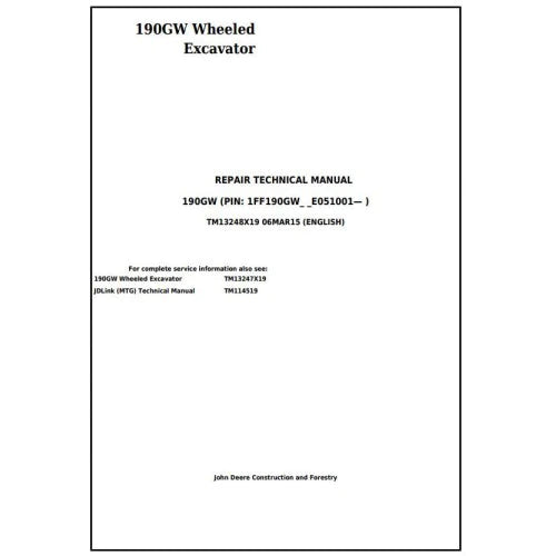 Pdf TM13248X19 John Deere 190GW Wheeled Excavator Repair Service Manual