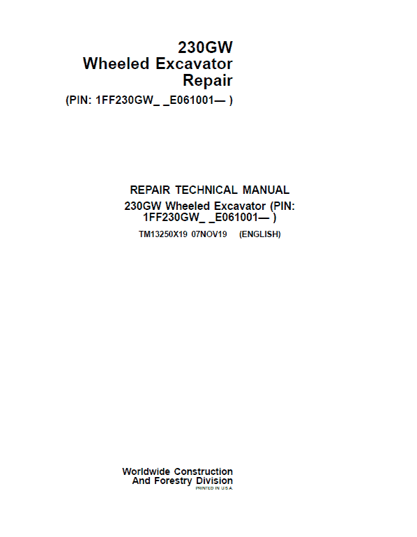 Pdf TM13250X19 John Deere 230GW Wheeled Excavator Repair Service Manual