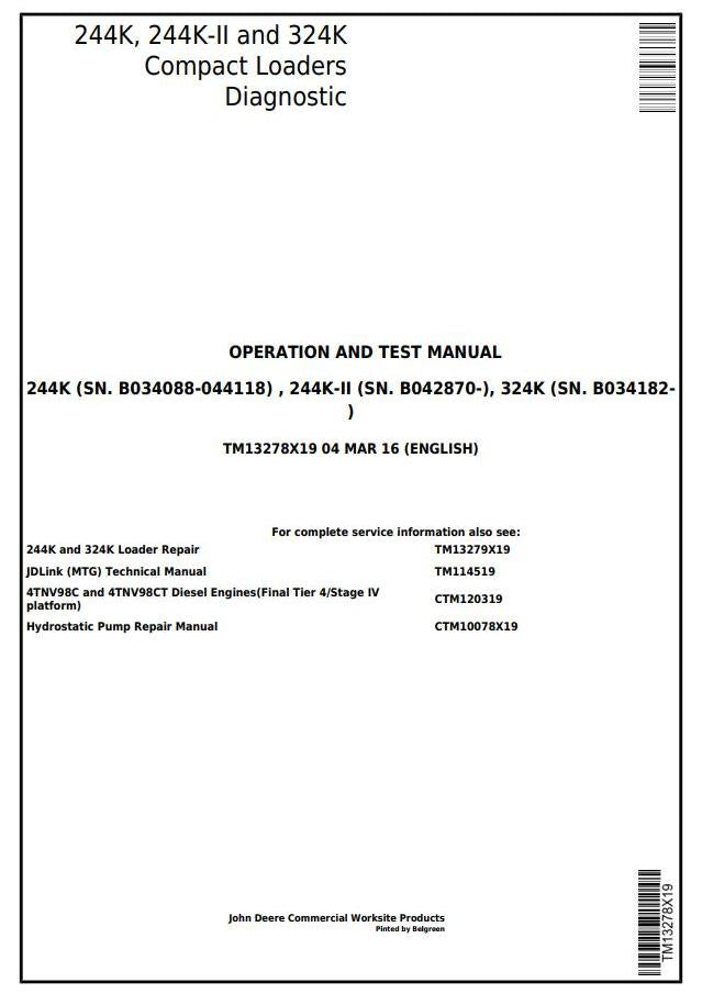 PDF TM13278X19 John Deere 244K, 244K-II, 324K Compact Loader Diagnostic & Test Service Manual