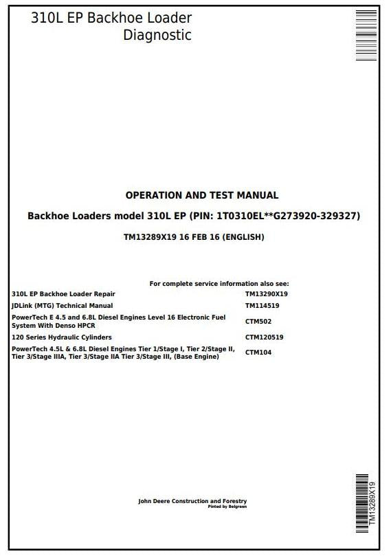 PDF TM13289X19 John Deere 310L EP Backhoe Loader Diagnostic & Test Manual