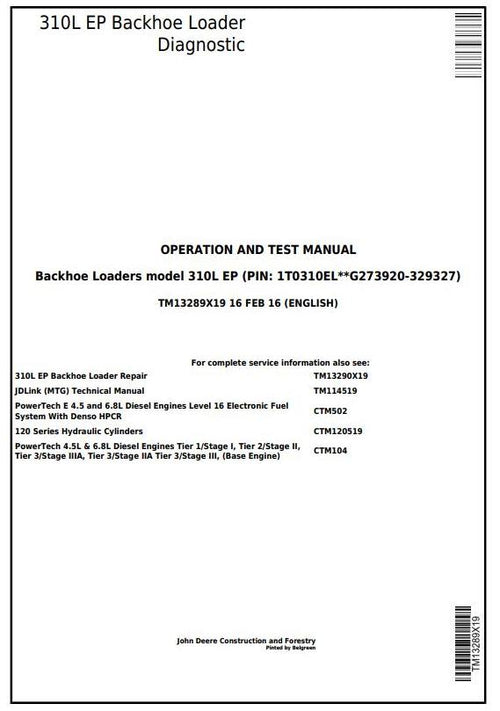 PDF TM13289X19 John Deere 310L EP Backhoe Loader Diagnostic & Test Manual