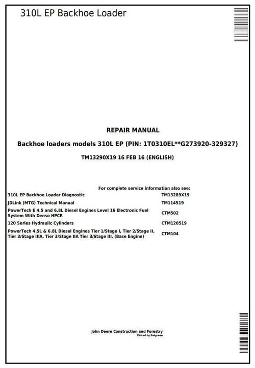 Pdf TM13290X19 John Deere 310L EP Backhoe Loader Repair Service Manual