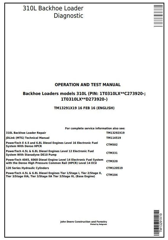 PDF TM13291X19 John Deere 310L Backhoe Loader Diagnostic and Test Manual