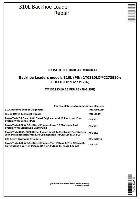 Pdf TM13292X19 John Deere 310L Backhoe Loader Repair Service Manual