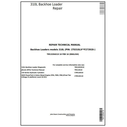 Pdf TM13294X19 John Deere 310L Backhoe Loader Repair Service Manual