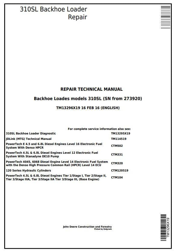 Pdf TM13296X19 John Deere 310SL Backhoe Loader Repair Service Manual