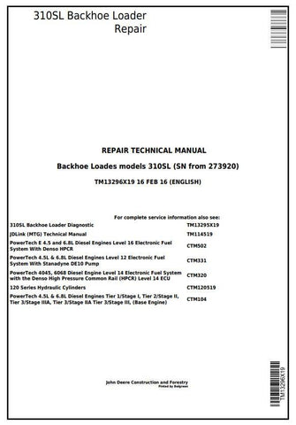 Pdf TM13296X19 John Deere 310SL Backhoe Loader Repair Service Manual