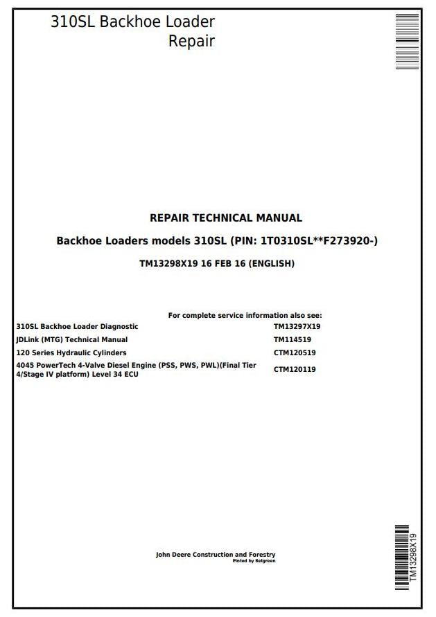 Pdf TM13298X19 John Deere 310SL Backhoe Loader Repair Service Manual