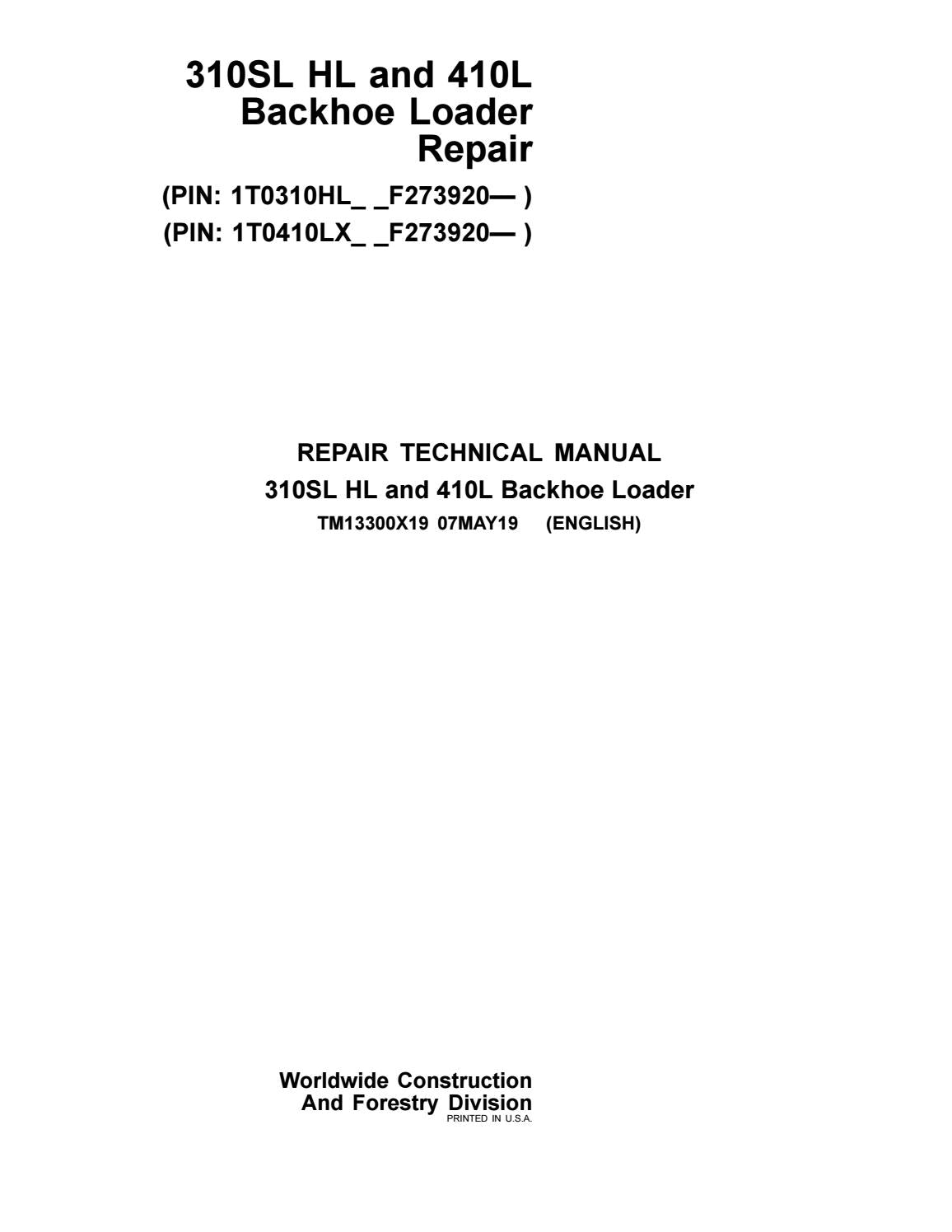 Pdf TM13300X19 John Deere 310SL HL, 410L Backhoe Loader Repair Service Manual