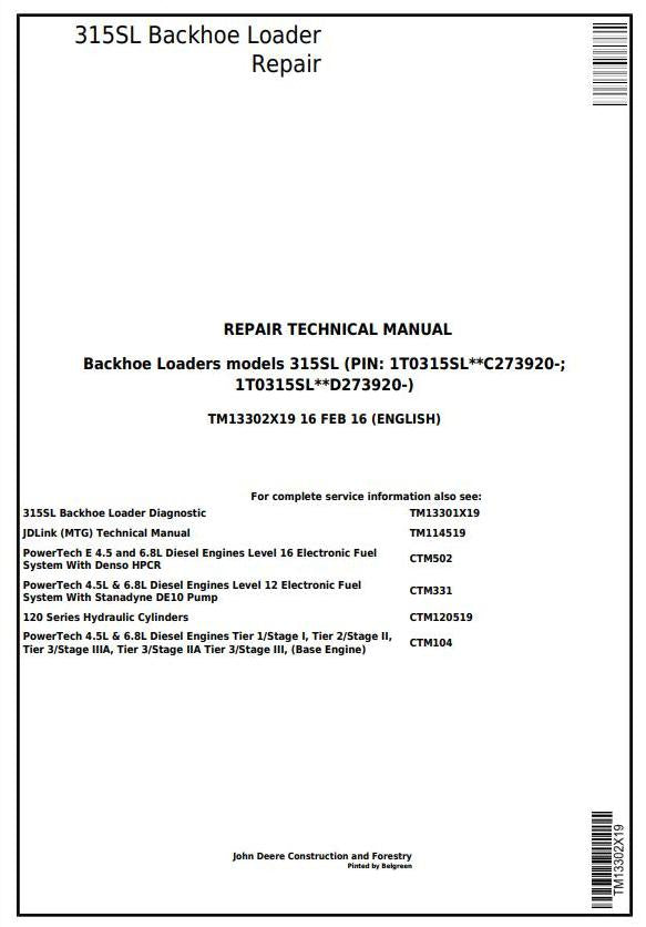 Pdf TM13302X19 John Deere 315SL Backhoe Loader (SN from 273920) Repair Service Manual