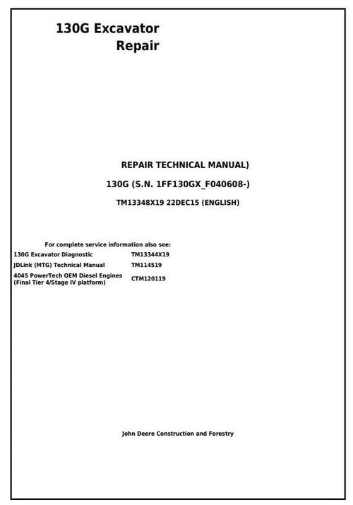 Pdf TM13348X19 John Deere 130G (S.N: 1FF130GX_F040608) Excavator Repair Service Manual