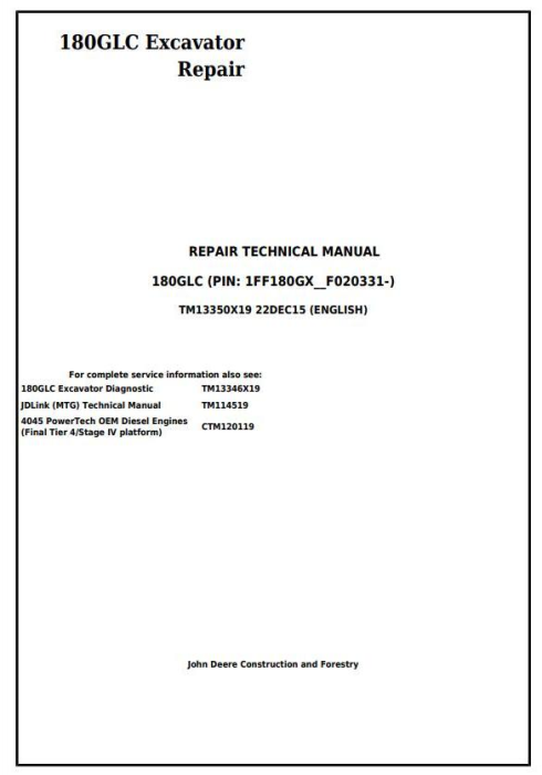 Pdf TM13350X19 John Deere 180GLC (PIN: 1FF180GX__F020331-) Excavator Repair Service Manual