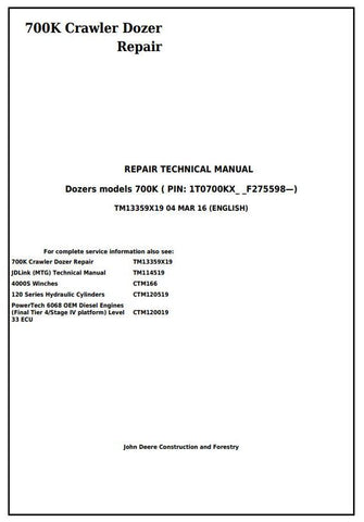 Pdf TM13359X19 John Deere 700K Crawler Dozer (S.N. from 275598) Repair Service Manual