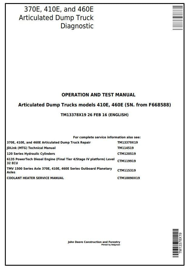 PDF TM13378X19 John Deere 370E, 410E, 460E Articulated Dump Truck Diagnostic and Test Manual