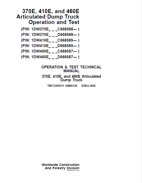 PDF TM13380X19 John Deere 370E, 410E, 460E Articulated Dump Truck Diagnostic and Test Service Manual