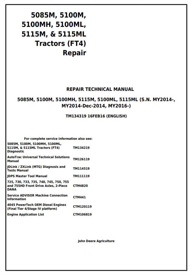 Pdf TM134319  John Deere 5085M, 5100M, 5100MH, 5100ML, 5115M 5115ML (FT4) Tractor Repair Service Manual