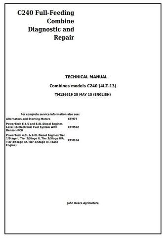 Pdf TM136619 John Deere C240 (4LZ-13) Full-Feeding Combine Diagnostic and Repair Technical Manual