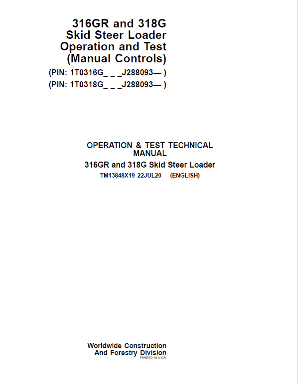 PDF TM13848X19 John Deere 316GR 318G Skid Steer Loader Manual Controls Diagnostic & Test Service Manual