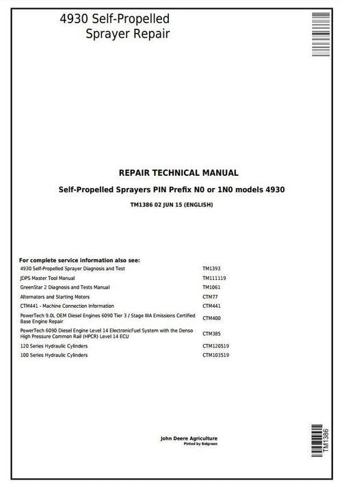 Pdf TM1386 John Deere 4930 Self-Propelled Sprayer Repair Service Manual