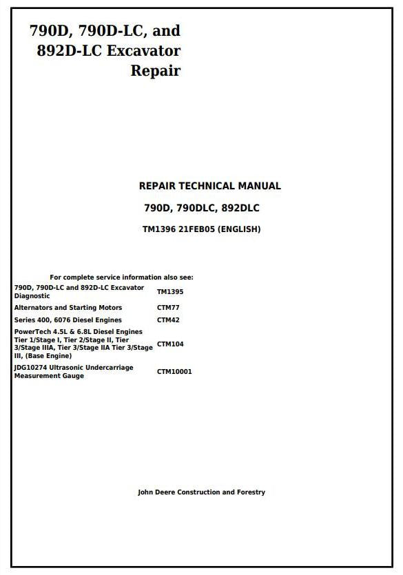 TM1396 - John Deere 790D, 790D-LC, 892D-LC Excavator Repair Service Manual