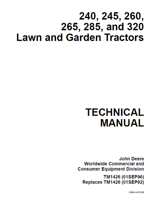 TM1426 - John Deere 240 245 260 265 285 320 Lawn Garden Tractor Repair Service Manual