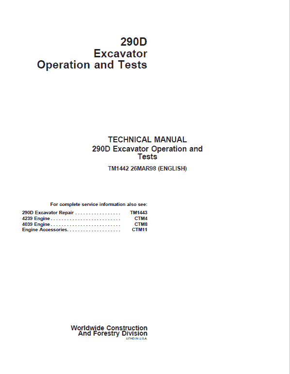 Pdf TM1442 John Deere 290D Excavator Diagnostic and Test Service Manual