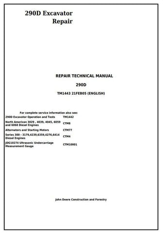 Pdf TM1443 John Deere 290D Excavator Repair Service Manual