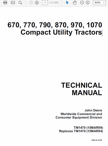 TM1470 - John Deere 670 770 790 870 970 1070 Tractor Repair Service Manual