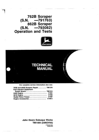 Pdf TM1489 John Deere 762B (SN.-791763), 862B (SN. -793082) Scraper Diagnostic and Test Service manual