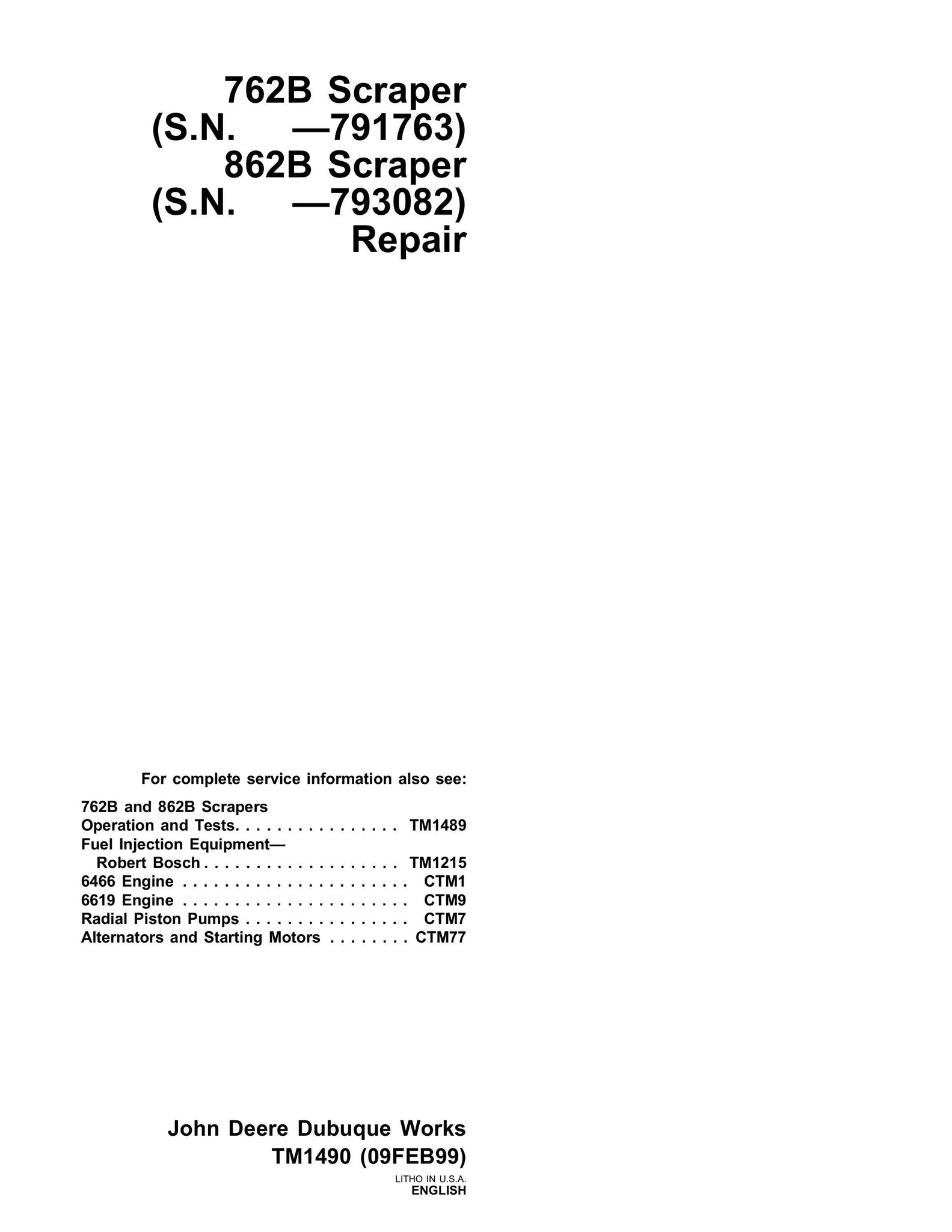 Pdf TM1490 John Deere 762B, 862B Scraper Repair Service Manual