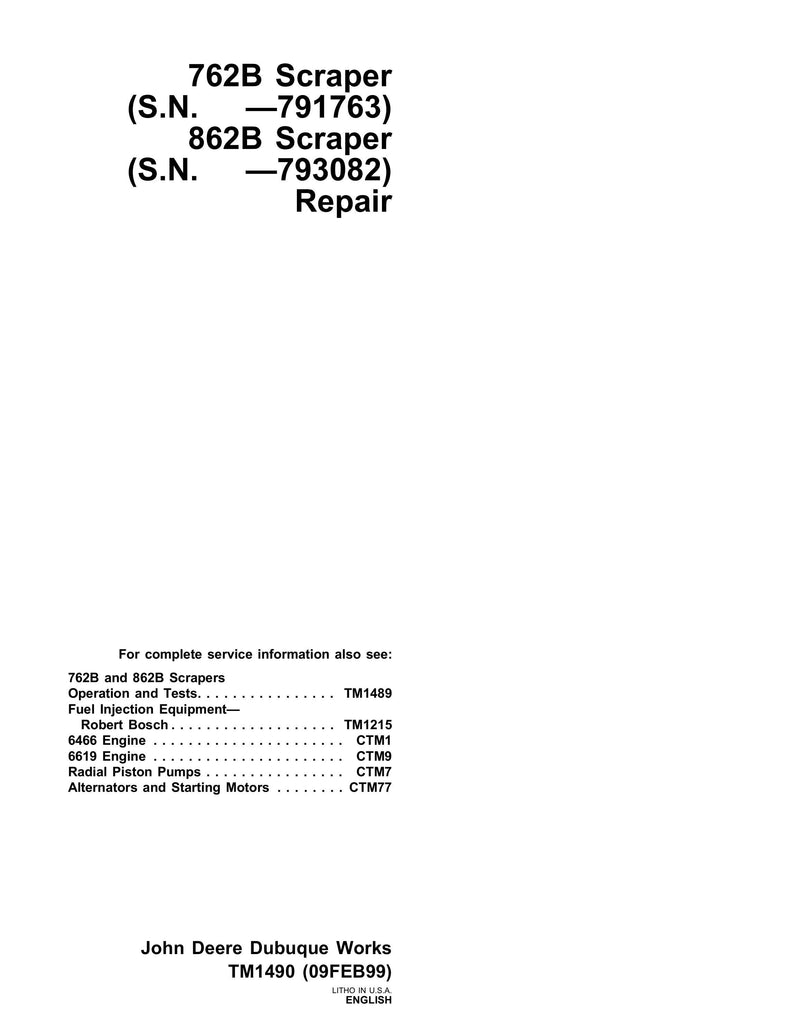 Pdf TM1490 John Deere 762B, 862B Scraper Repair Service Manual