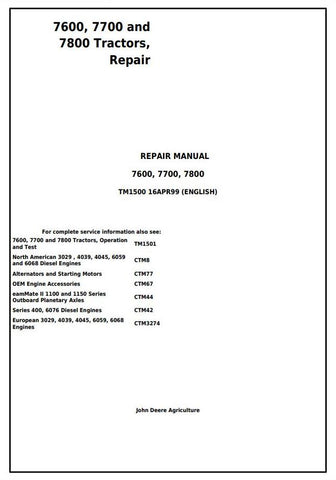 TM1500 - John Deere 7600 7700 7800 2WD or MFWD Tractor Repair Service Manual