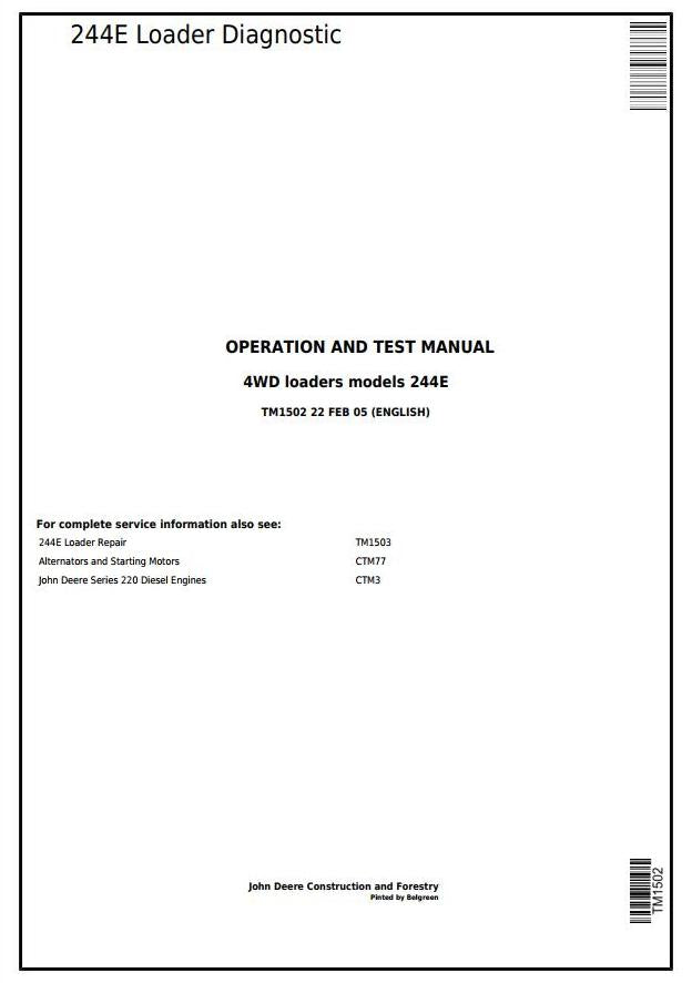 PDF TM1502 John Deere 4WD 244E Wheel Loader Diagnostic and Test Service Manual