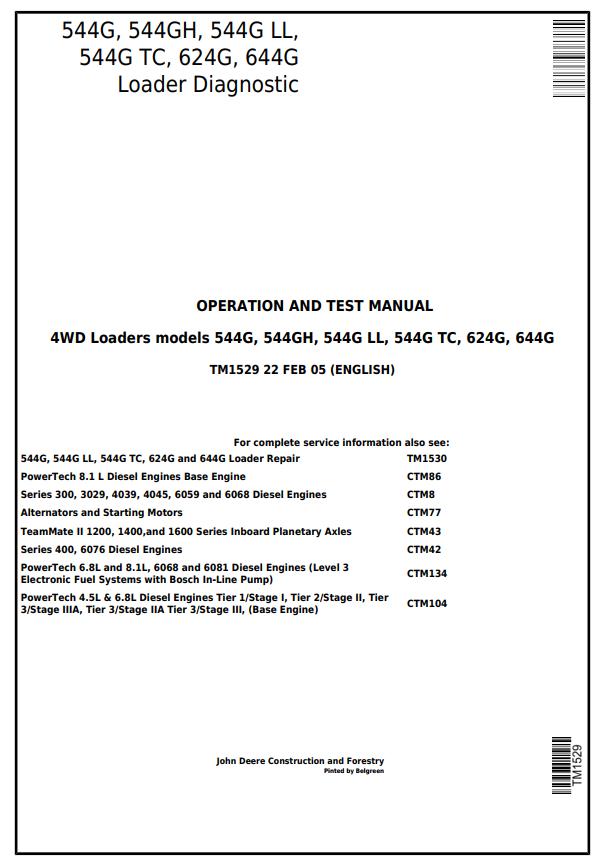 PDF TM1529 John Deere 544G, 544GH, 544G LL, 544G TC, 624G, 644G Wheel Loader Diagnostic & Test Service Manual