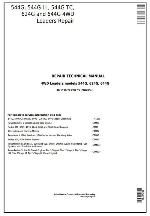 Pdf TM1530 John Deere 4WD 544G, 544G LL, 544G TC, 624G, 644G Wheel Loader Repair Service Manual