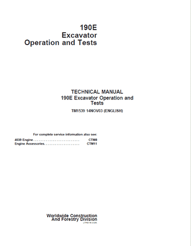 TM1539 - John Deere 190E Excavator Diagnostic and Test Service Manual